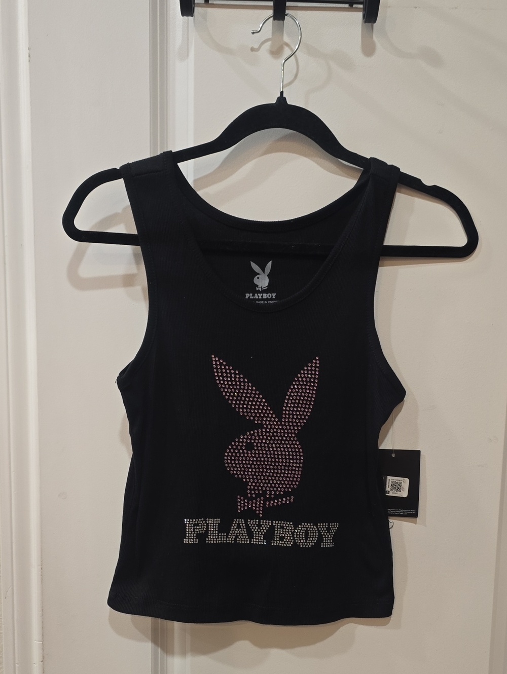 PLAYBOY Rhinestone Logo Bunny Ribbed Tank Top- Black - Picture 5 of 6
